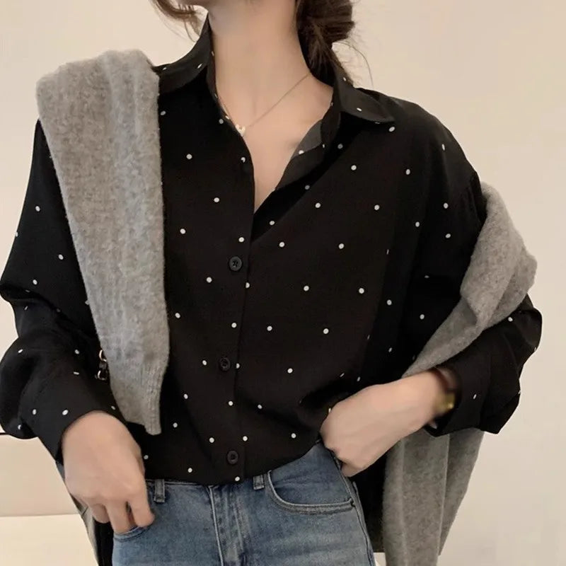 Camisa Solta Feminina de Manga Comprida moda Elegante Com Detalhes De Bolinhas Moda Coreana