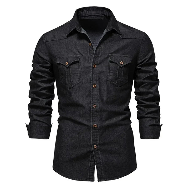 Camisa Jeans Social Masculina  Com Botões E Lapela Moda Casual Elegante