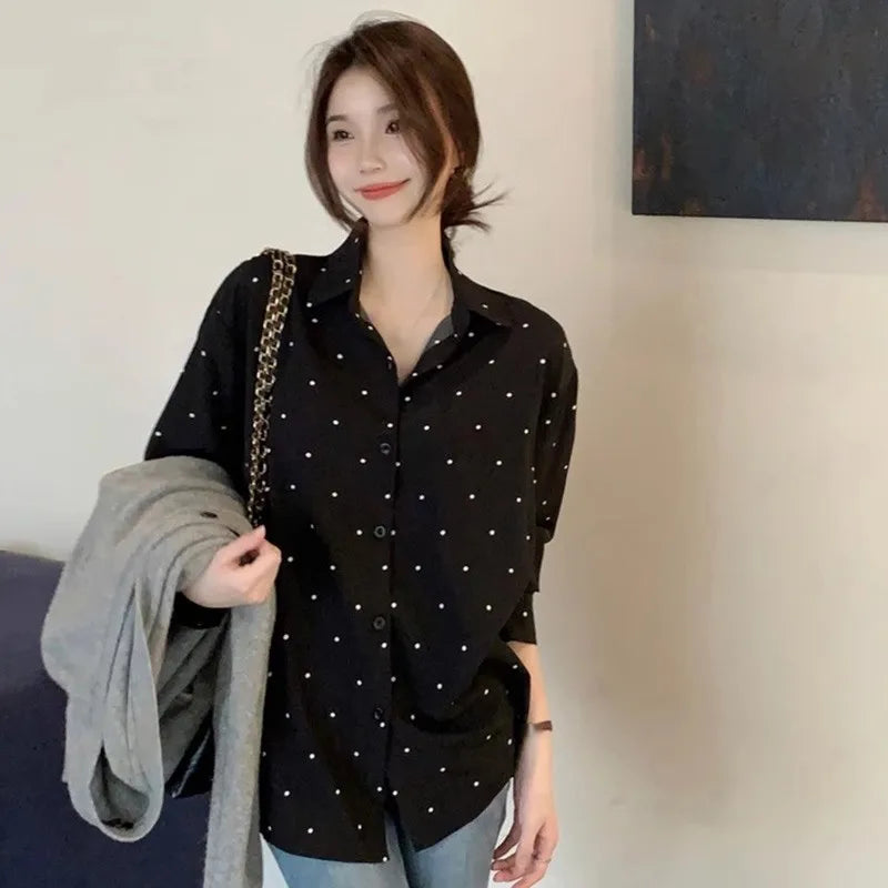 Camisa Solta Feminina de Manga Comprida moda Elegante Com Detalhes De Bolinhas Moda Coreana