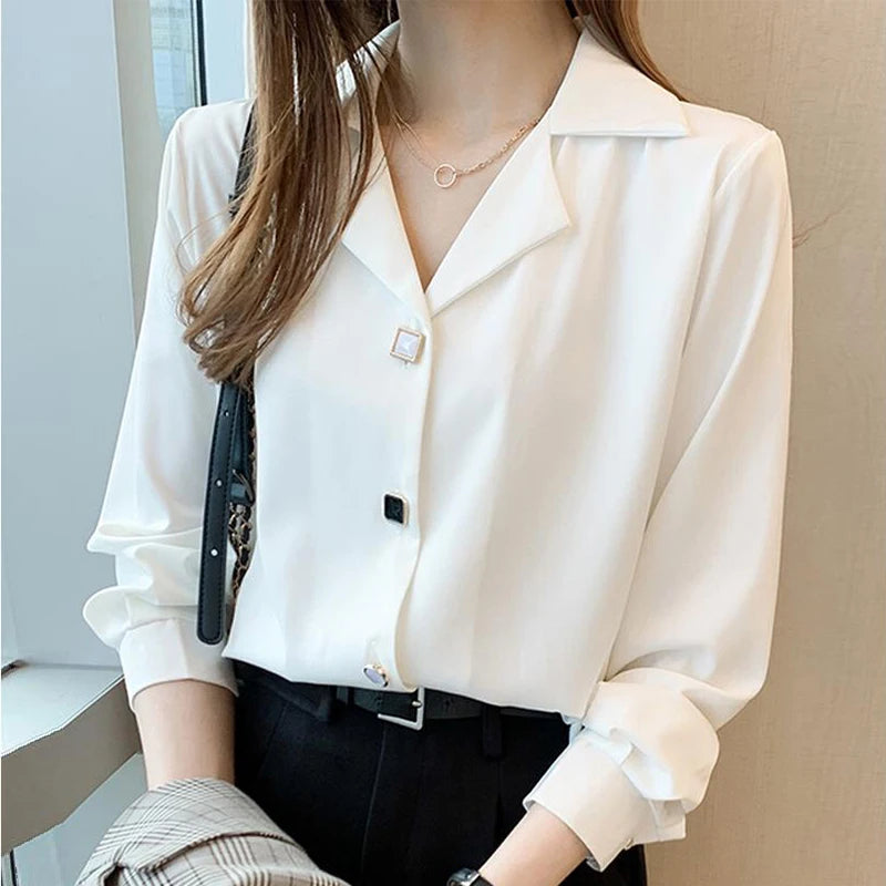 Camisa Feminina Elegante Para Escritório Moda Senhora Com Lapela E Botões Quadrados