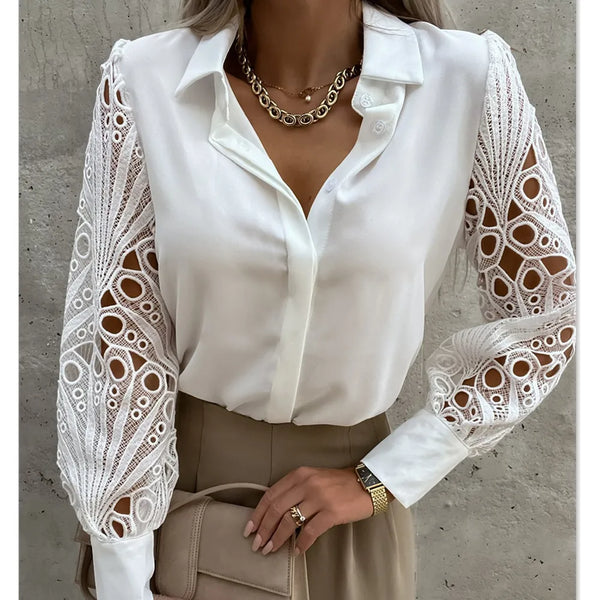 Camisa Feminina Elegante Manga longa De Renda Decote V Com Botões