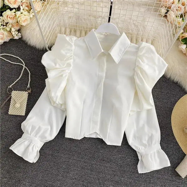 Camisa Feminina Moda Retrô Com Lapela Manga Princesa Camisa Justa Com Recorte Na Bainha