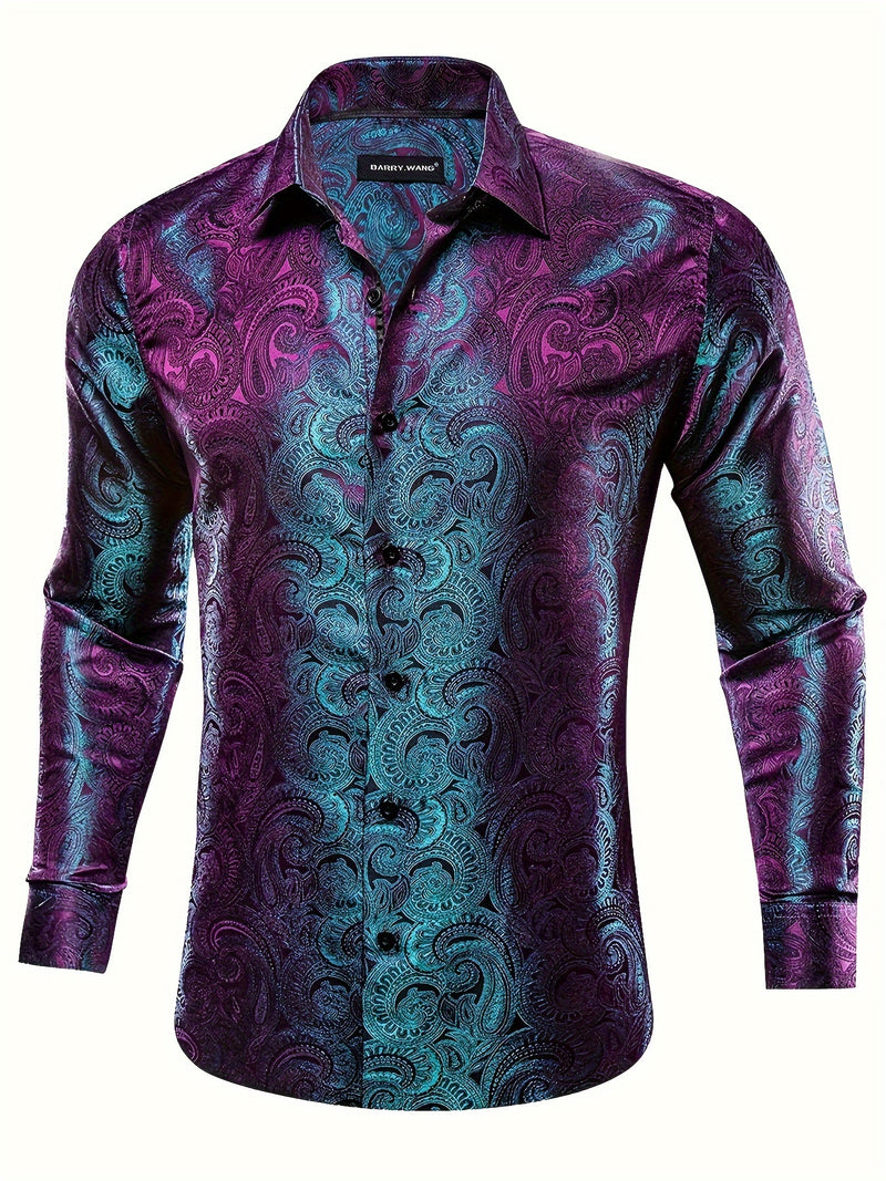 Camisa Masculina De Cetim Elegante Manga Longa Com Botões Para Uso Formal