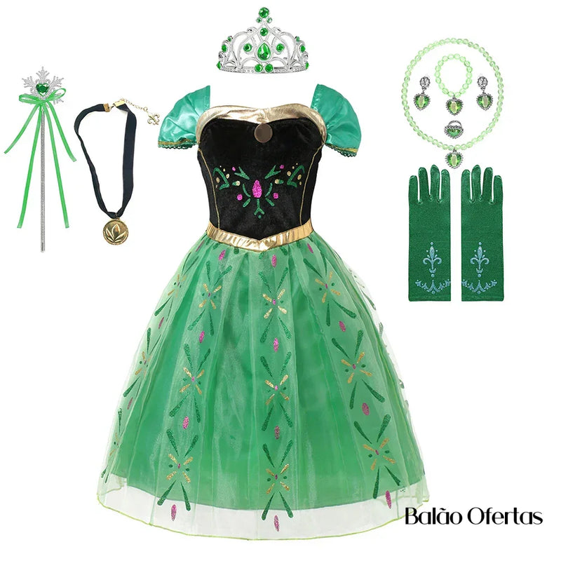 Fantasia Infantil Anna (Frozen) + Acessórios Vestido Kit 05 / 80 - 90 Cm (2 Anos)