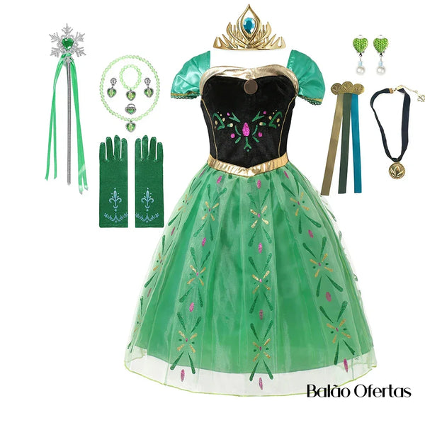 Fantasia Infantil Anna (Frozen) + Acessórios Vestido Kit 06 / 80 - 90 Cm (2 Anos)