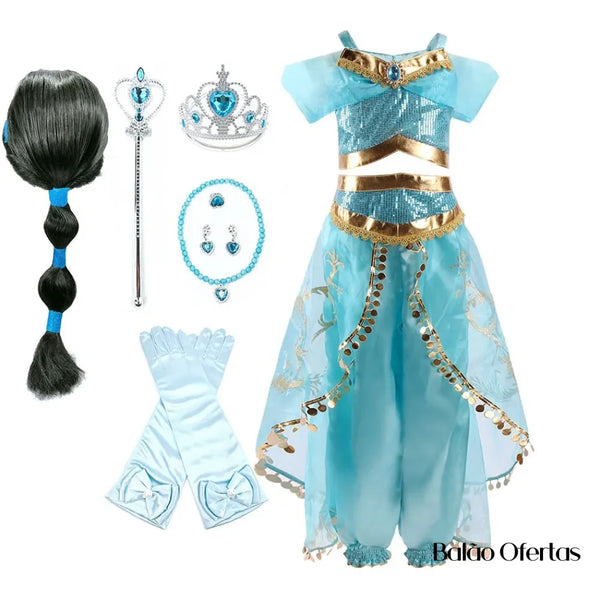 Fantasia Infantil Princesa Jasmine Traje + Kit 05 / 100 - 110 Cm