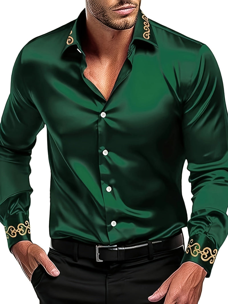 Camisa Elegante Masculina Bordada De Manga Longa Cor Sólida Com Lapela