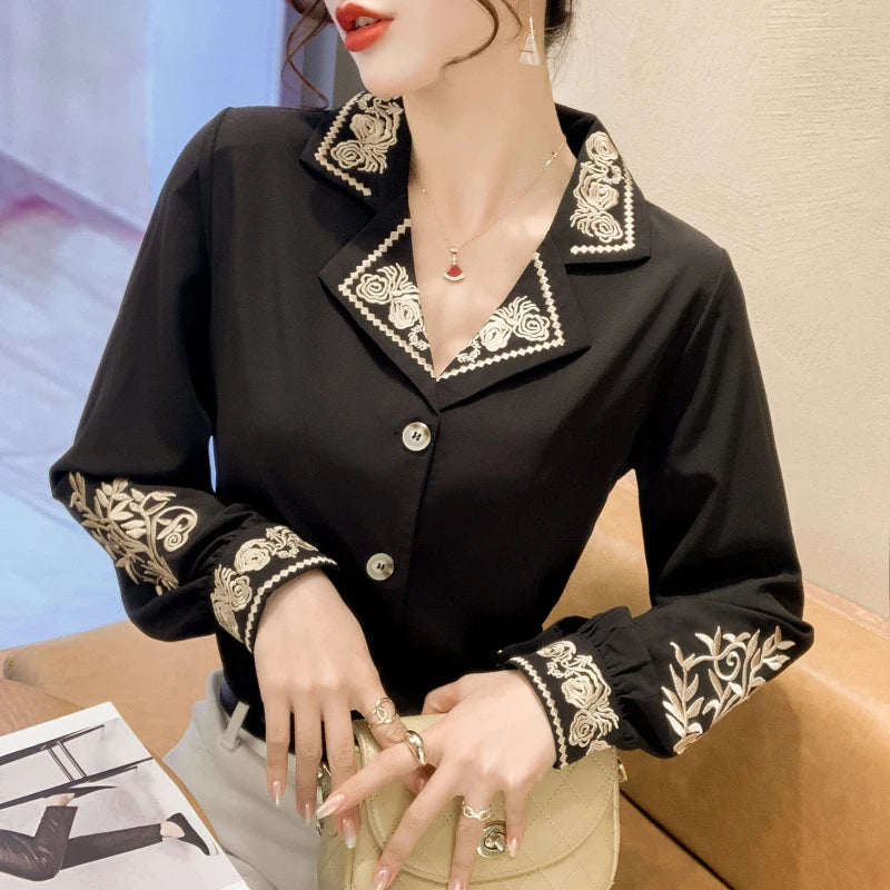 Camisa Feminina Moda Casual Estampa Vintage Com Botões E Lapela Tendência