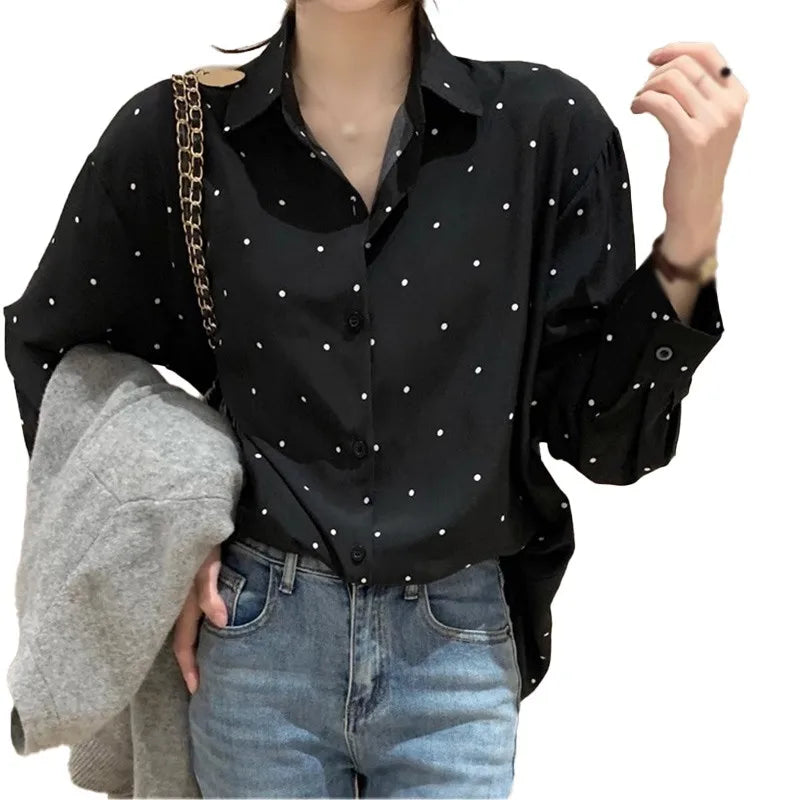 Camisa Solta Feminina de Manga Comprida moda Elegante Com Detalhes De Bolinhas Moda Coreana