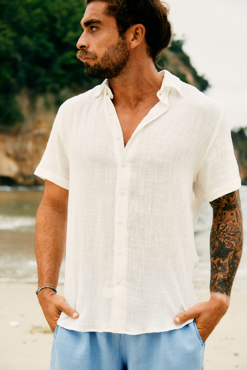 Camisa Masculina Mar com Linho de Algodão