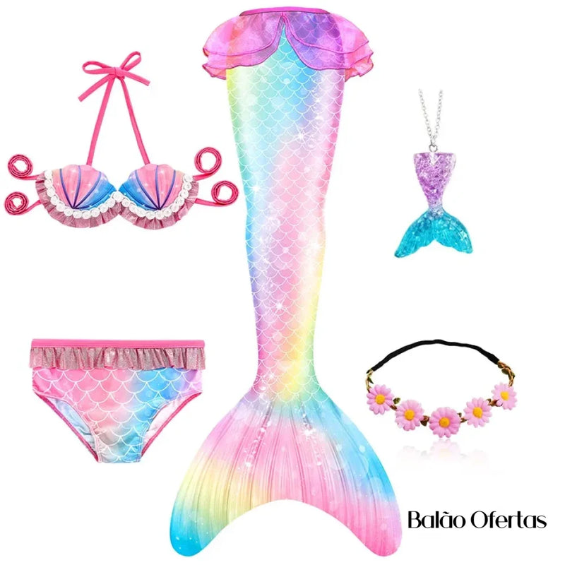 Kit Fantasia Feminina Infantil Cauda De Sereia Completa + Acessórios