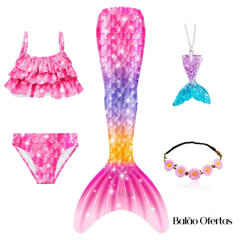 Kit Fantasia Feminina Infantil Cauda De Sereia Completa + Acessórios