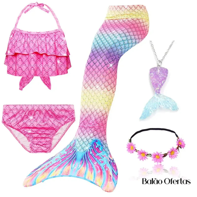 Kit Fantasia Feminina Infantil Cauda De Sereia Completa + Acessórios