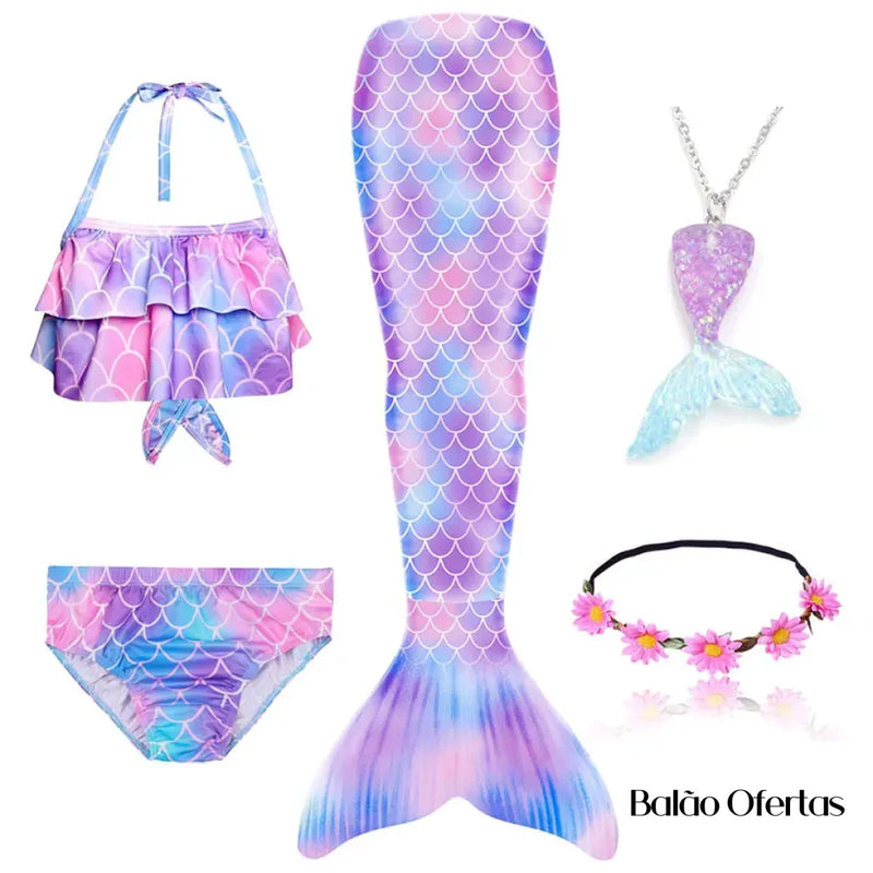 Kit Fantasia Feminina Infantil Cauda De Sereia Completa Modelo 4 / 100 - 110 Cm + Acessórios