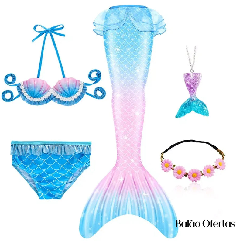 Kit Fantasia Feminina Infantil Cauda De Sereia Completa Modelo 6 / 100 - 110 Cm + Acessórios