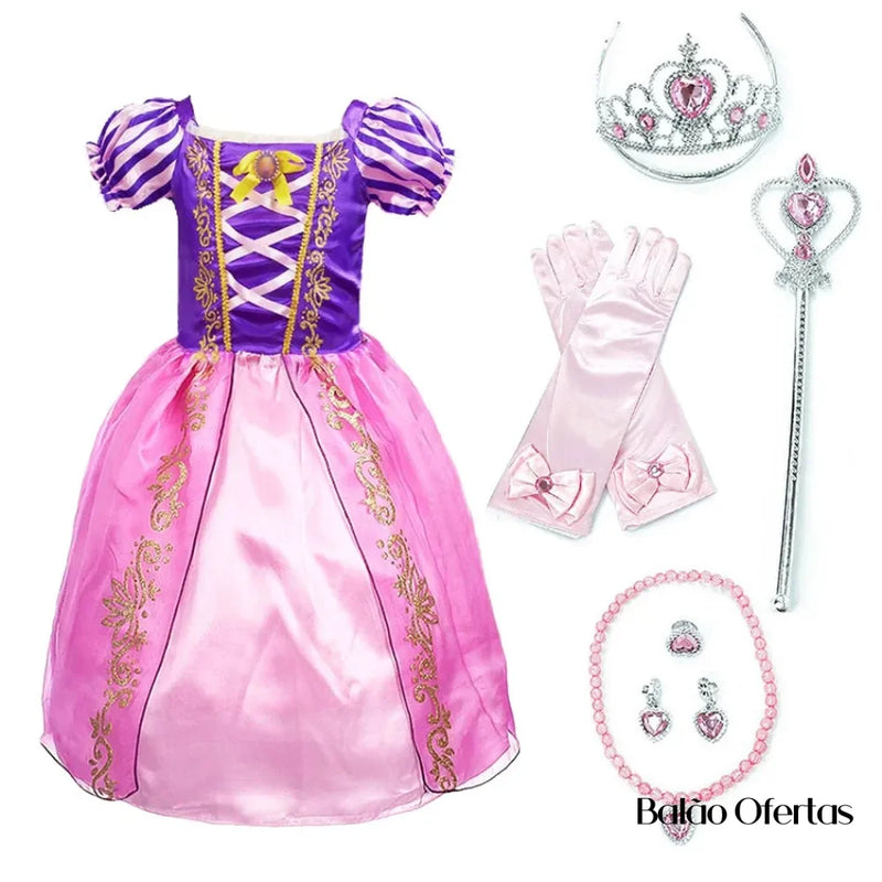 Kit Fantasia Feminina Infantil Rapunzel Completa Traje + 01 / 90 - 100 Cm