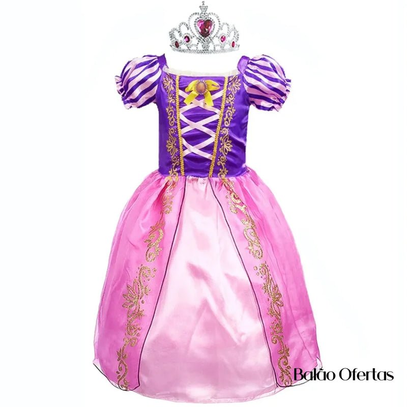 Kit Fantasia Feminina Infantil Rapunzel Completa Traje + Coroa / 90 - 100 Cm