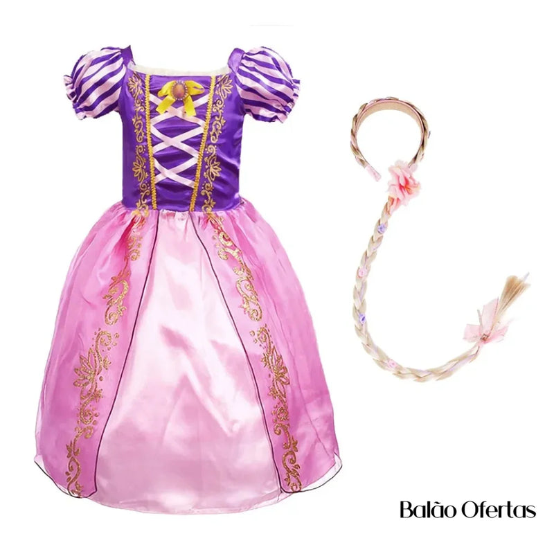 Kit Fantasia Feminina Infantil Rapunzel Completa Traje + Peruca 02 / 90 - 100 Cm