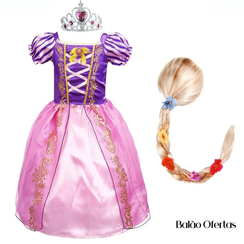 Kit Fantasia Feminina Infantil Rapunzel Completa Traje + Peruca / 90 - 100 Cm