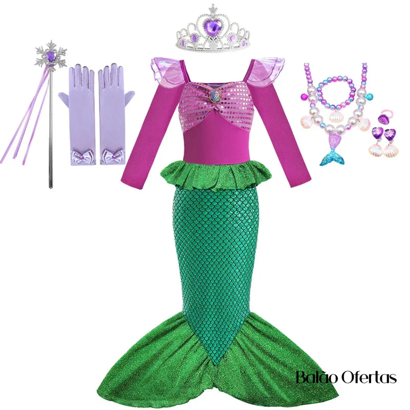 Kit Fantasia Feminina Infantil Sereia Ariel Completa