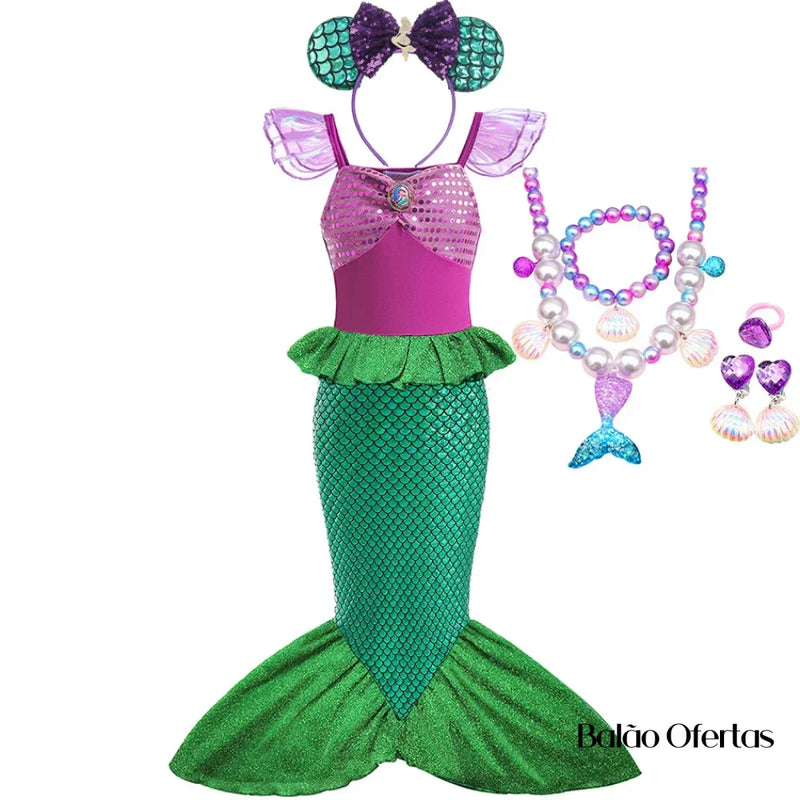 Kit Fantasia Feminina Infantil Sereia Ariel Completa Traje + 01 / 90 - 100 Cm