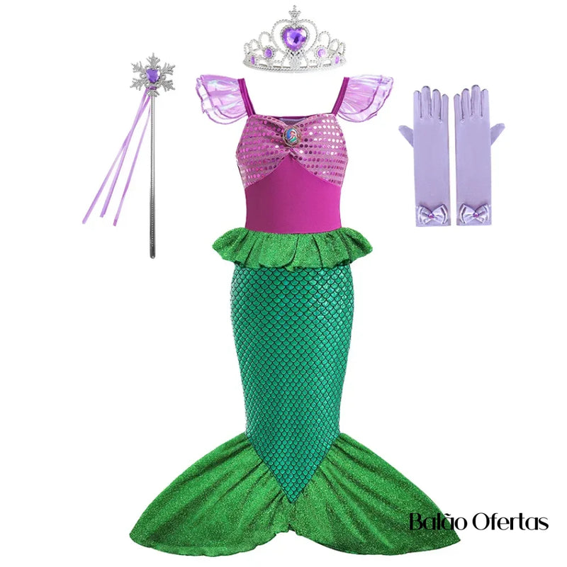 Kit Fantasia Feminina Infantil Sereia Ariel Completa Traje + 02 / 90 - 100 Cm