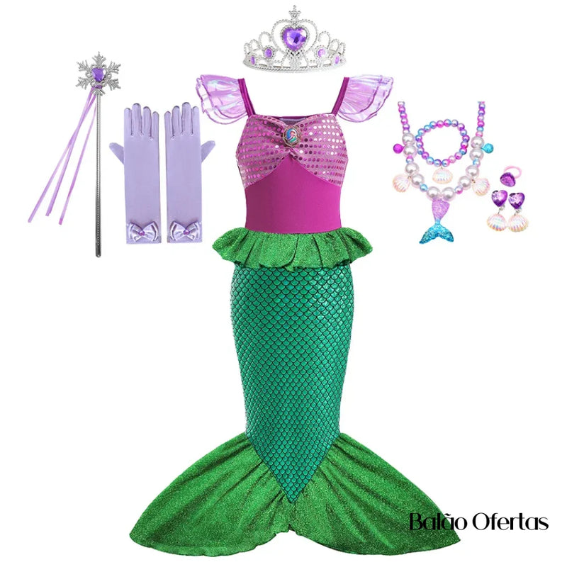 Kit Fantasia Feminina Infantil Sereia Ariel Completa Traje + 03 / 90 - 100 Cm