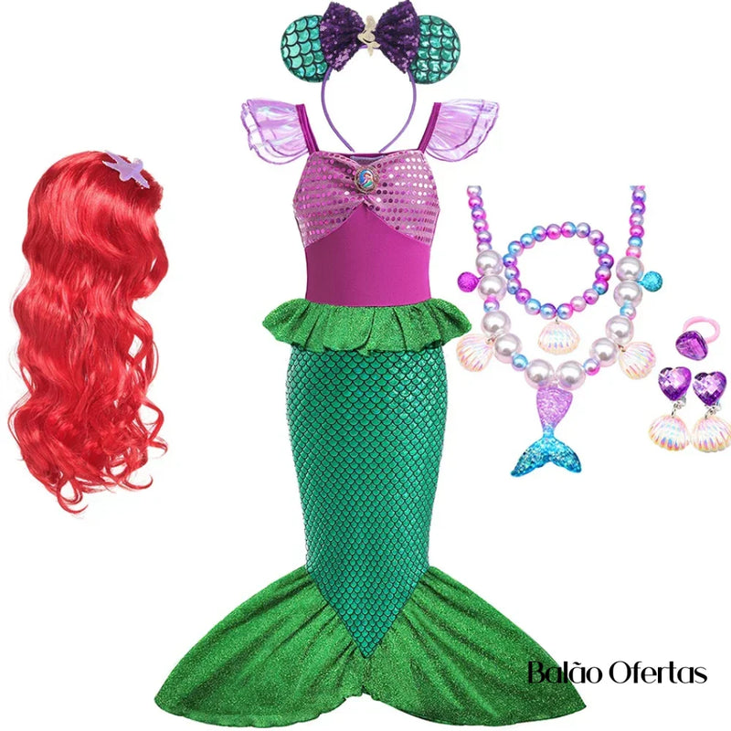 Kit Fantasia Feminina Infantil Sereia Ariel Completa Traje + 04 / 90 - 100 Cm