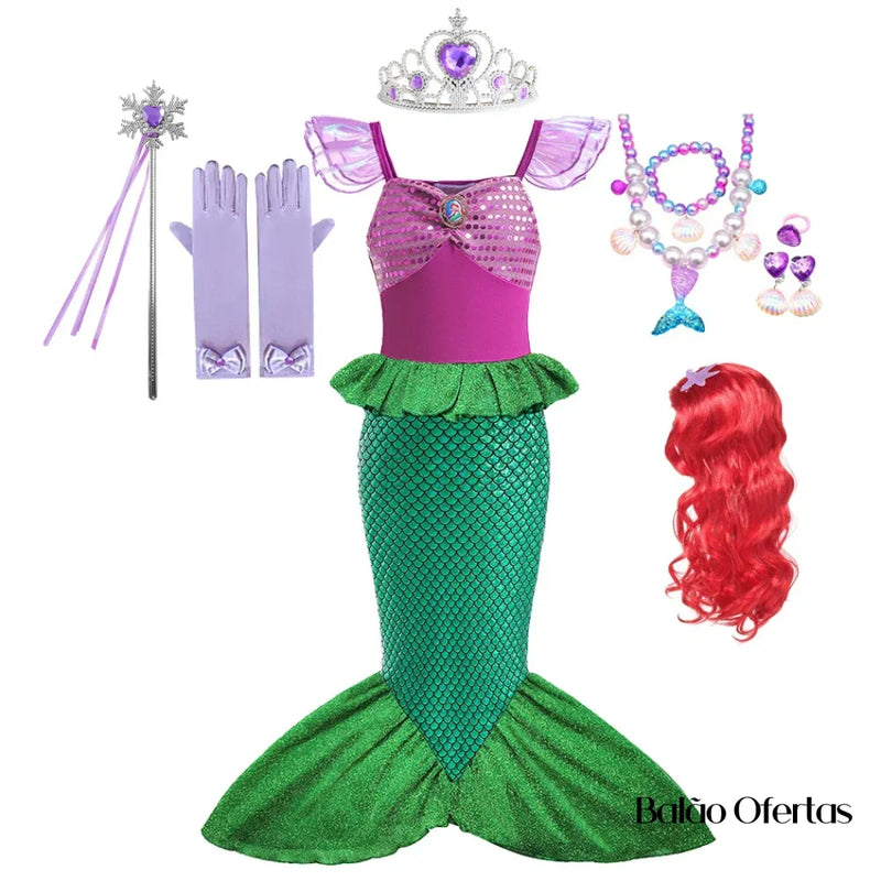 Kit Fantasia Feminina Infantil Sereia Ariel Completa Traje + 05 / 90 - 100 Cm