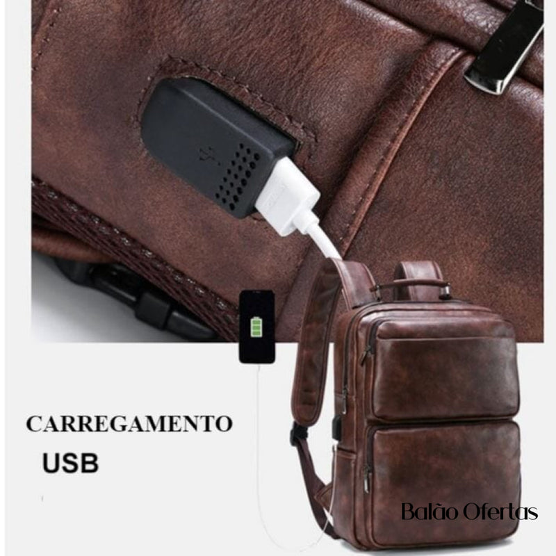 Mochila Masculina de Couro com Carregador Integrado BagLetric